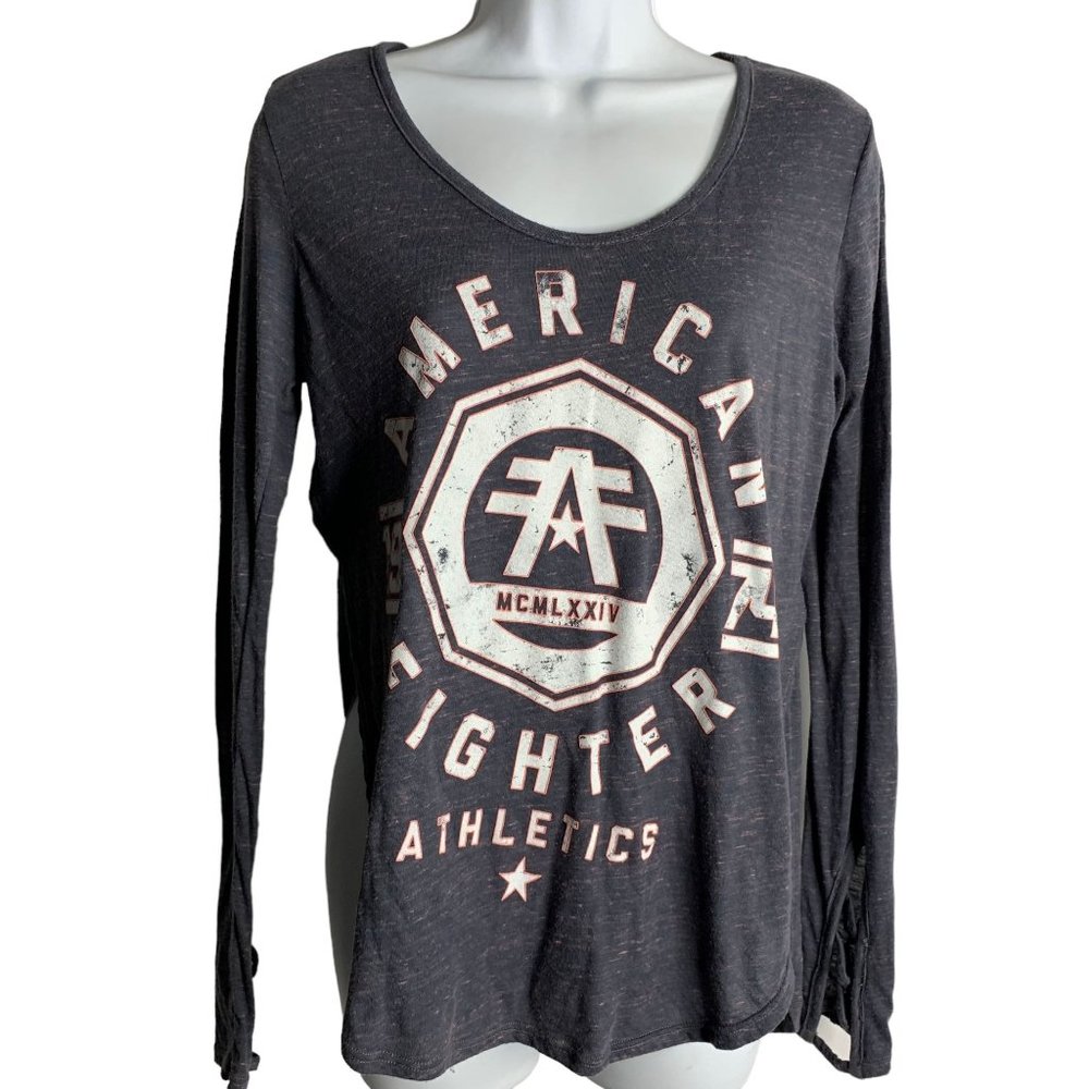American Fighter Double Sided Shirt S Grey Cut Out Sleeve Side Slits Hi Low Hem